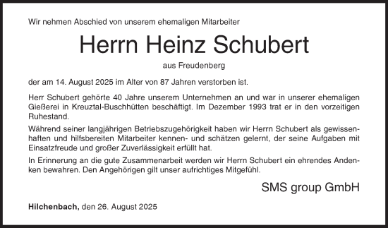 Traueranzeige von Heinz Schubert von Siegener Zeitung