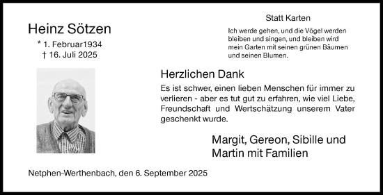 Traueranzeige von Heinz Sötzen von Siegener Zeitung
