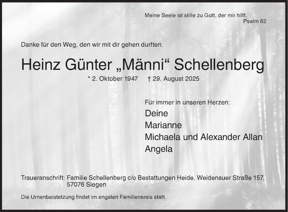 Traueranzeige für Heinz Günter Schellenberg vom 06.09.2025 aus Siegener Zeitung