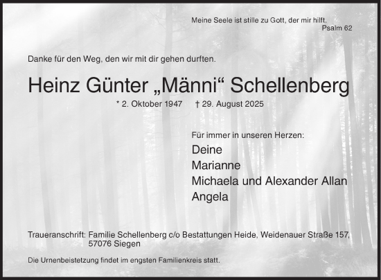 Traueranzeige von Heinz Günter Schellenberg von Siegener Zeitung