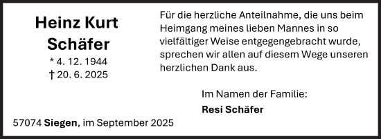 Traueranzeige von Heinz Kurt Schäfer von Siegener Zeitung