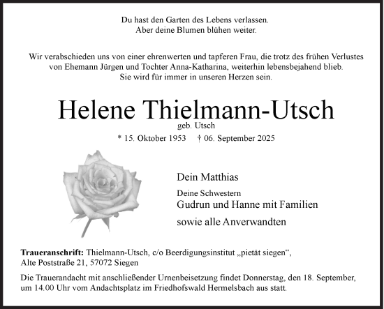 Traueranzeige von Helene Thielmann-Utsch von Siegener Zeitung