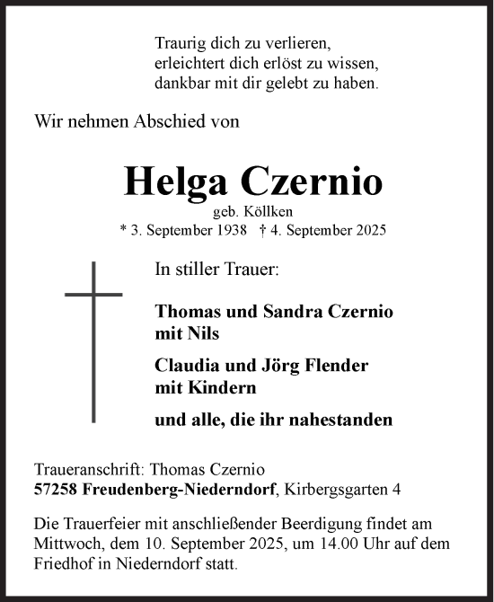 Traueranzeige von Helga Czernio von Siegener Zeitung