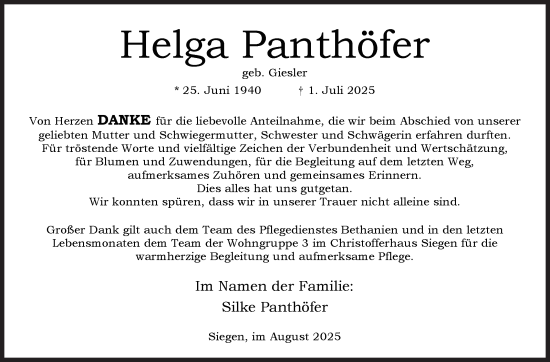 Traueranzeige von Helga Panthöfer von Siegener Zeitung