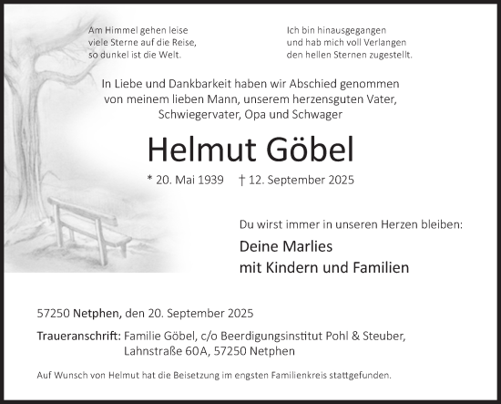 Traueranzeige von Helmut Göbel von Siegener Zeitung