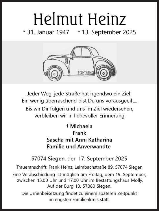 Traueranzeige von Helmut Heinz von Siegener Zeitung