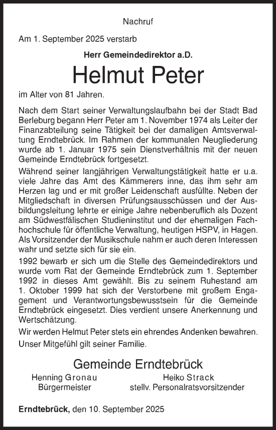 Traueranzeige von Helmut Peter von Siegener Zeitung
