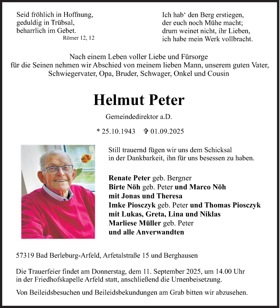  Traueranzeige für Helmut Peter vom 06.09.2025 aus Siegener Zeitung