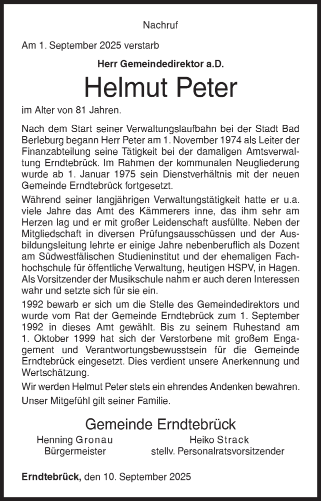  Traueranzeige für Helmut Peter vom 10.09.2025 aus Siegener Zeitung