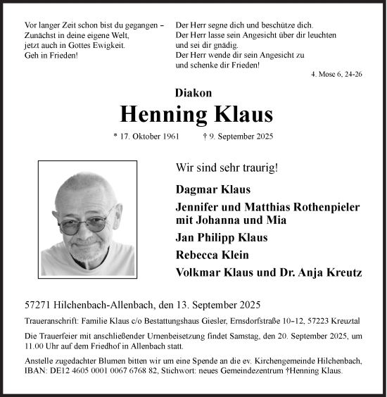 Traueranzeige von Henning Klaus von Siegener Zeitung