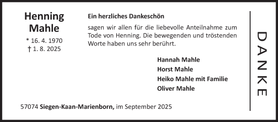 Traueranzeige von Henning Mahle von Siegener Zeitung