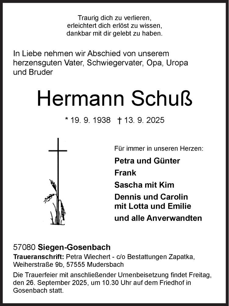  Traueranzeige für Hermann Schuß vom 20.09.2025 aus Siegener Zeitung
