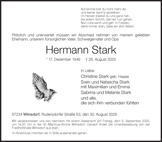 Traueranzeige von Hermann Stark von Siegener Zeitung