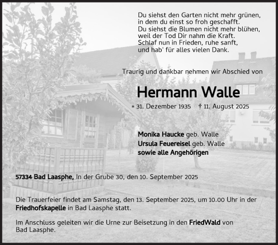 Traueranzeige von Hermann Walle von Siegener Zeitung