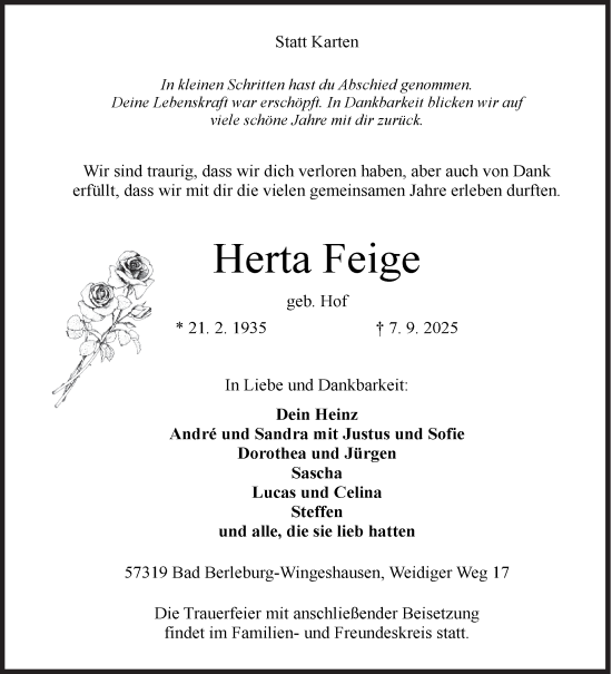 Traueranzeige von Herta Feige von Siegener Zeitung