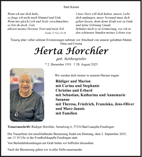 Traueranzeige von Herta Horchler von Siegener Zeitung