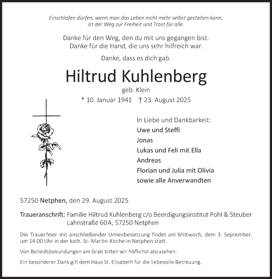 Traueranzeige von Hiltrud Kuhlenberg von Siegener Zeitung