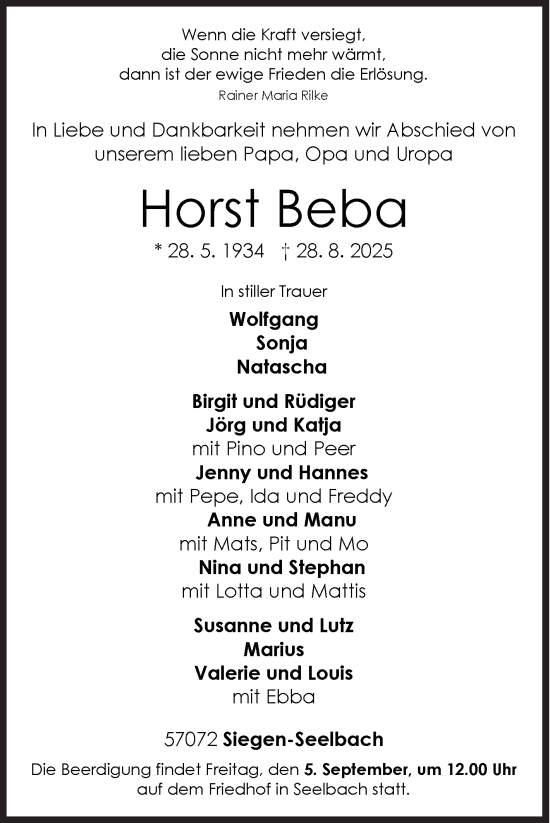 Traueranzeige von Horst Beba von Siegener Zeitung