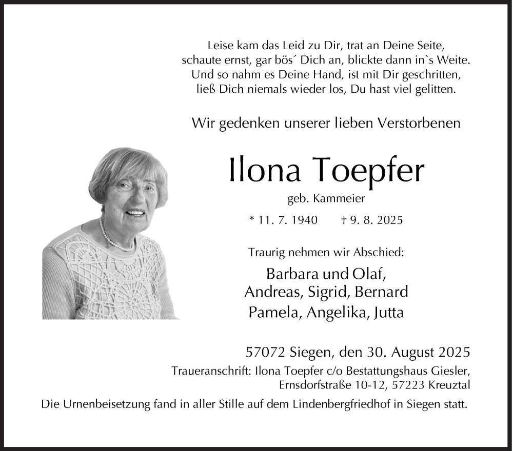  Traueranzeige für Ilona Toepfer vom 30.08.2025 aus Siegener Zeitung
