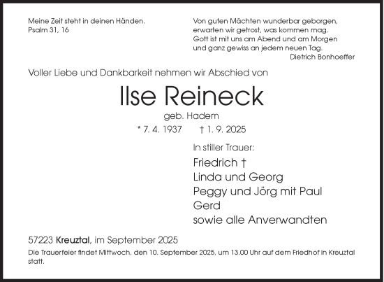 Traueranzeige von Ilse Reineck von Siegener Zeitung