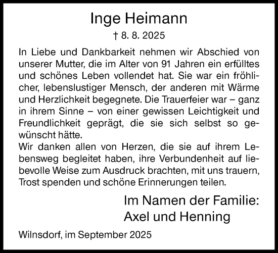 Traueranzeige von Inge Heimann von Siegener Zeitung