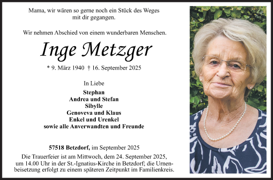 Traueranzeige von Inge Metzger von Siegener Zeitung