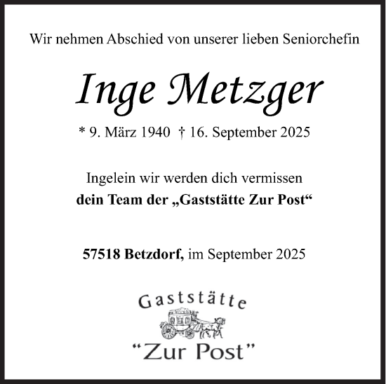 Traueranzeige von Inge Metzger von Siegener Zeitung
