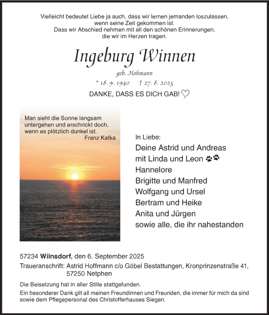 Traueranzeige von Ingeburg Winnen von Siegener Zeitung