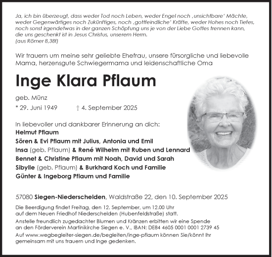 Traueranzeige von Inge Klara Pflaum von Siegener Zeitung