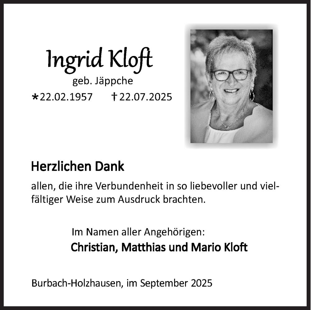  Traueranzeige für Ingrid Kloft vom 06.09.2025 aus Siegener Zeitung