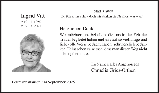 Traueranzeige von Ingrid Vitt von Siegener Zeitung
