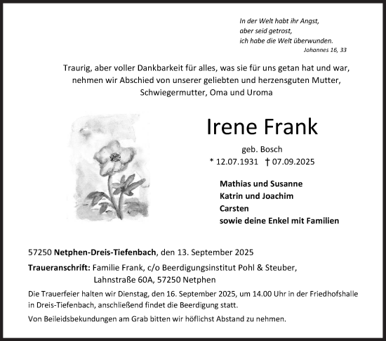 Traueranzeige von Irene Frank von Siegener Zeitung