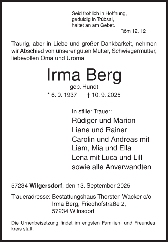 Traueranzeige von Irma Berg von Siegener Zeitung