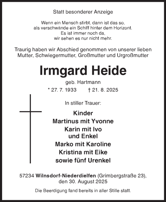 Traueranzeige von Irmgard Heide von Siegener Zeitung