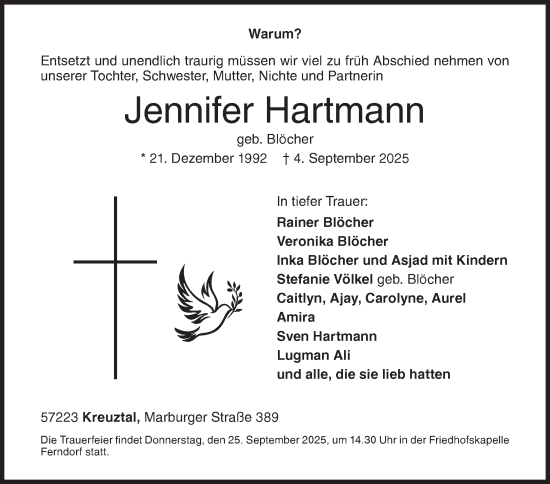 Traueranzeige von Jennifer Hartmann von Siegener Zeitung