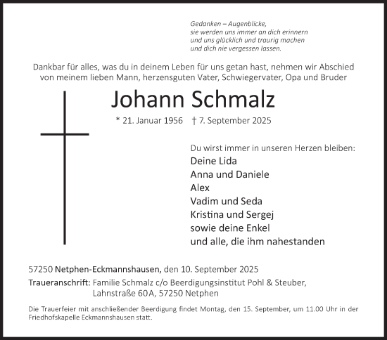 Traueranzeige von Johann Schmalz von Siegener Zeitung