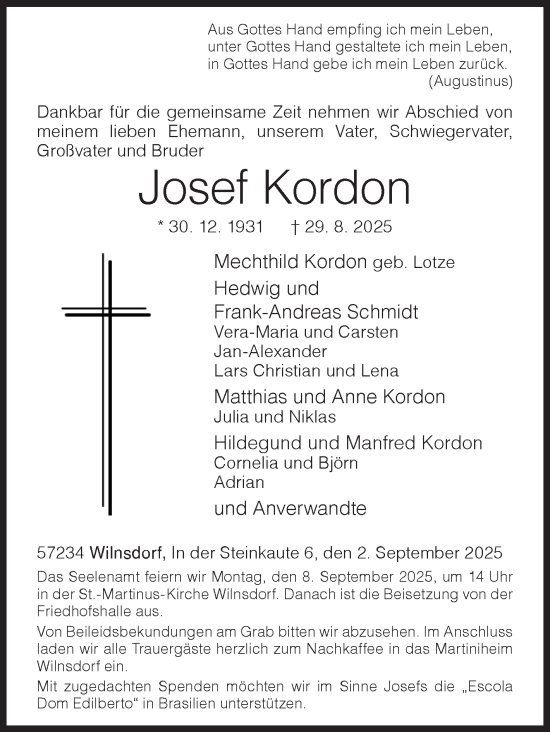 Traueranzeige von Josef Kordon von Siegener Zeitung