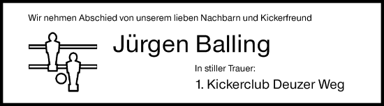 Traueranzeige von Jürgen Balling von Siegener Zeitung