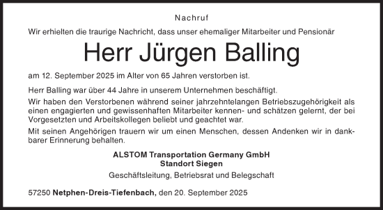 Traueranzeige von Jürgen Balling von Siegener Zeitung