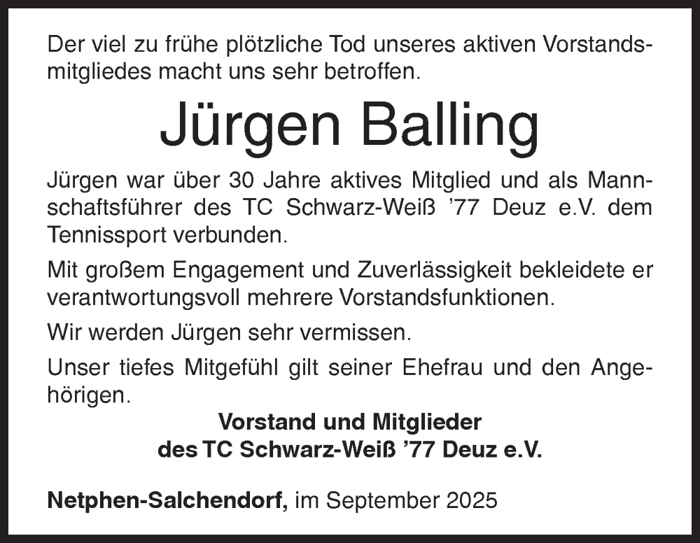  Traueranzeige für Jürgen Balling vom 20.09.2025 aus Siegener Zeitung