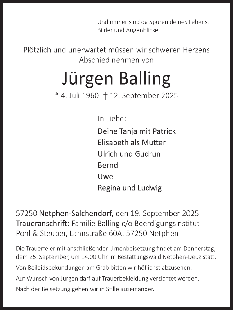  Traueranzeige für Jürgen Balling vom 19.09.2025 aus Siegener Zeitung