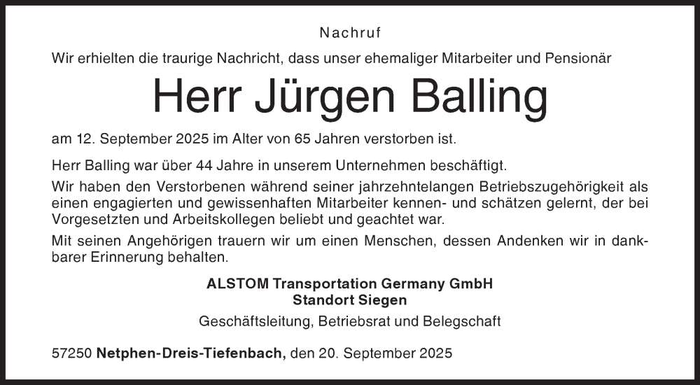  Traueranzeige für Jürgen Balling vom 20.09.2025 aus Siegener Zeitung