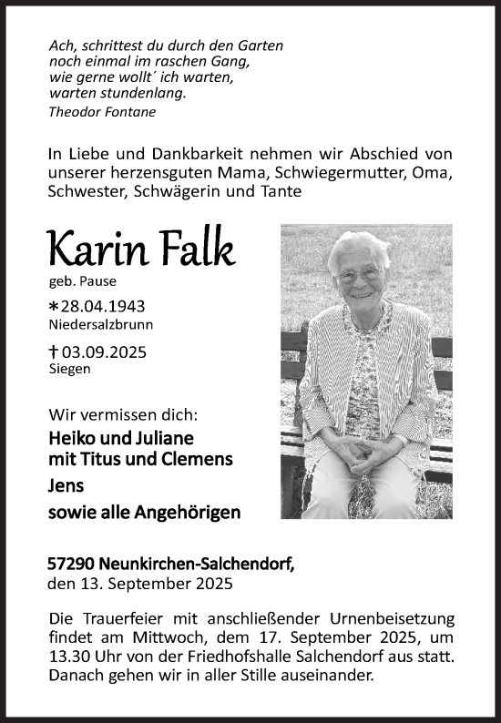 Traueranzeige von Karin Falk von Siegener Zeitung