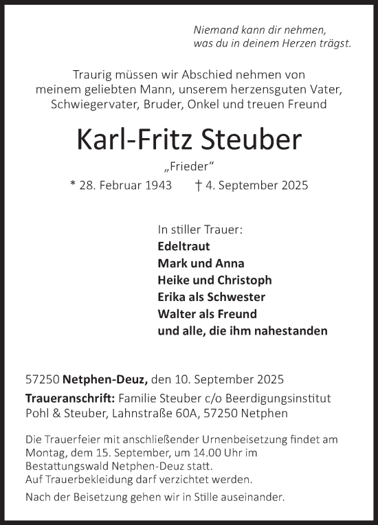 Traueranzeige von Karl-Fritz Steuber von Siegener Zeitung