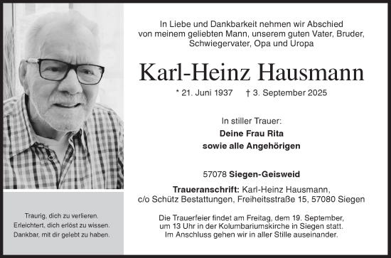 Traueranzeige von Karl-Heinz Hausmann von Siegener Zeitung