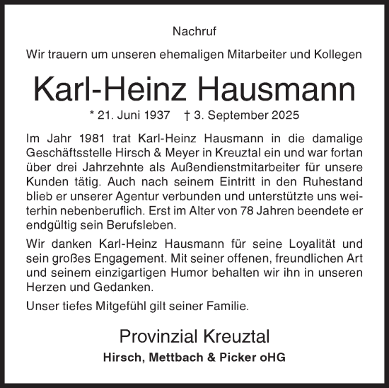 Traueranzeige von Karl-Heinz Hausmann von Siegener Zeitung