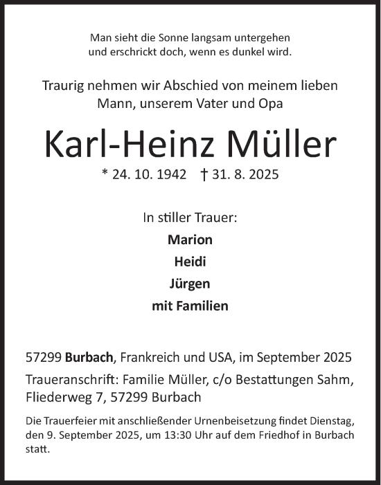 Traueranzeige von Karl-Heinz Müller von Siegener Zeitung