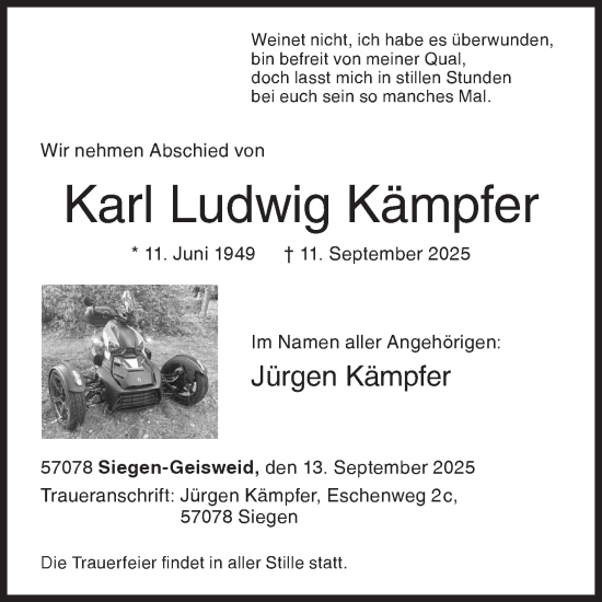 Traueranzeige von Karl Ludwig Kämpfer von Siegener Zeitung