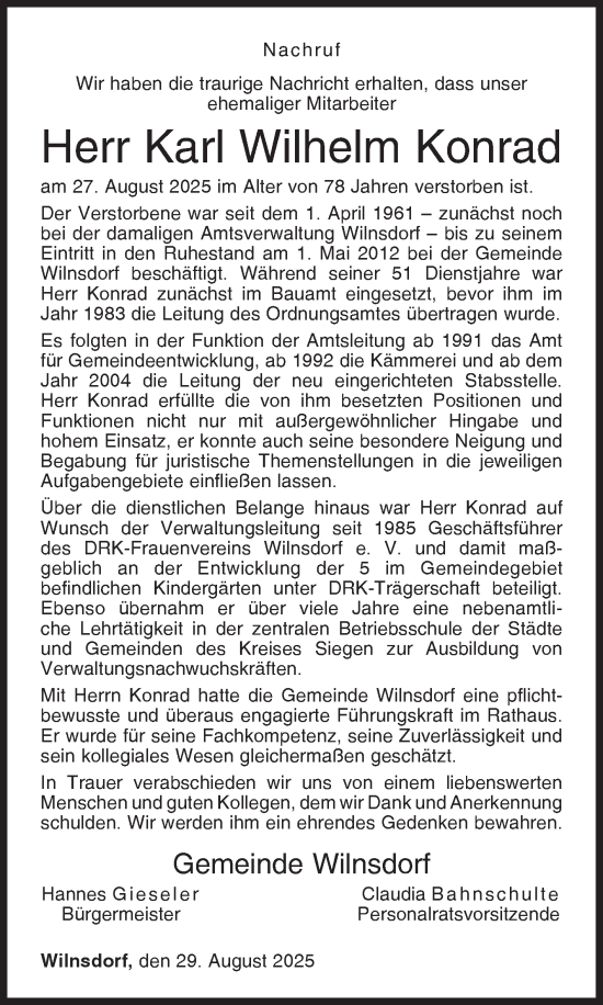 Traueranzeige von Karl Wilhelm Konrad von Siegener Zeitung