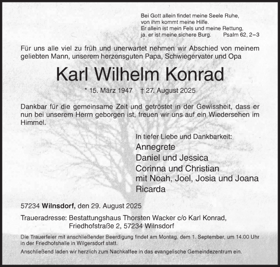 Traueranzeige von Karl Wilhelm Konrad von Siegener Zeitung